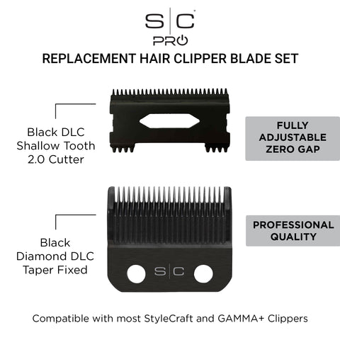 StyleCraft Black Diamond DLC Taper Fixed Clipper Blade with Shallow Tooth 2.0 Cutter