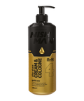 A bottle of Nishman Gold One 4 After Shave Cream & Cologne with a pump dispenser, primarily black and gold in color.